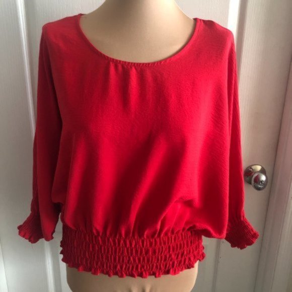 Vince Camuto Bright Red Smoked Dolman Sleeve Top Blouse Sz. Medium - Picture 2 of 13
